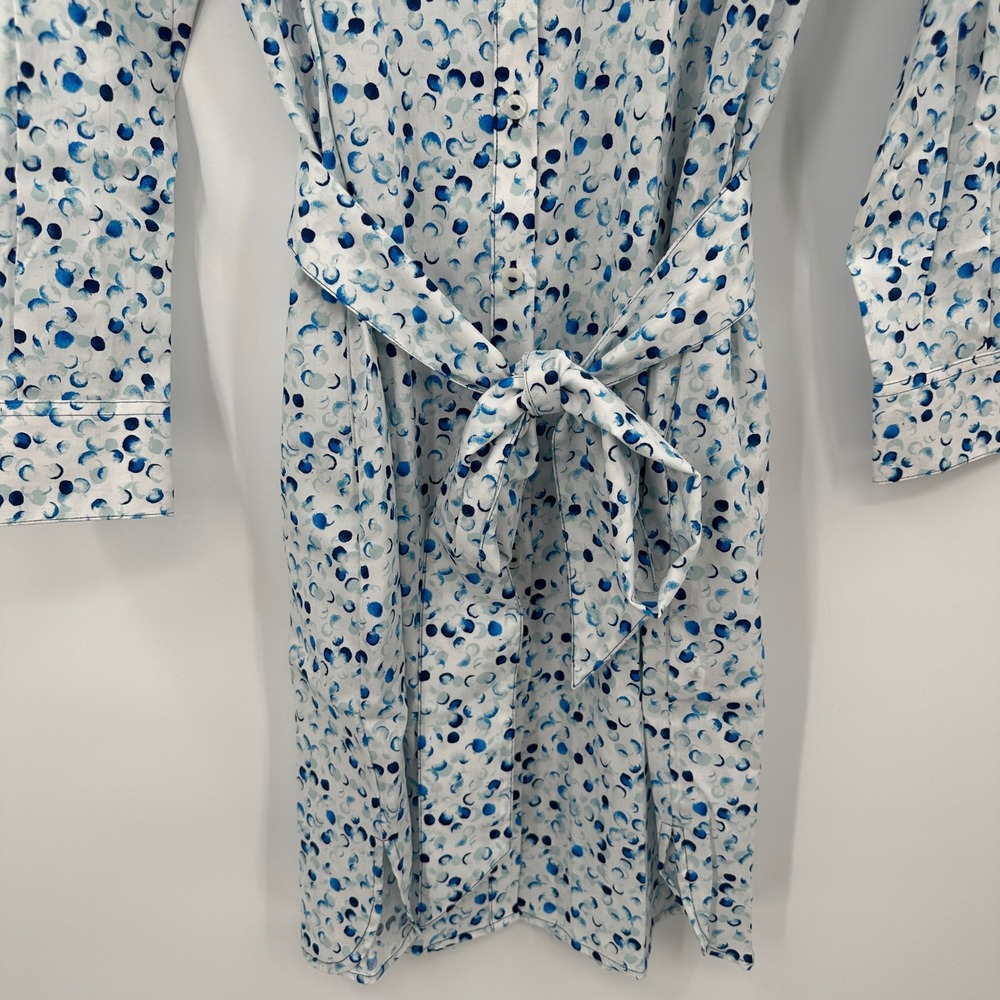 Foxcroft Non-Iron Cotton Shirt Dress Blue White Abstract Dot Belt Size 8 Career - Picture 3 of 10